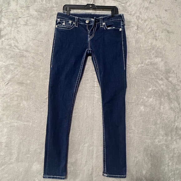 True Religion Jennie Curvy Mid Rise Skinny Dark Wash Denim Jeans—Size 32 - Picture 1 of 12